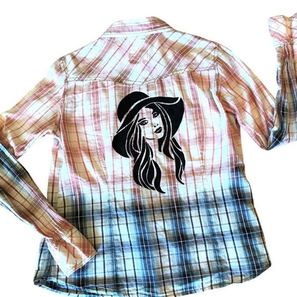 Bleached Shirt, Junior Size Medium: Upcycled Hand Painted Plaid Top - Picture 5 of 12